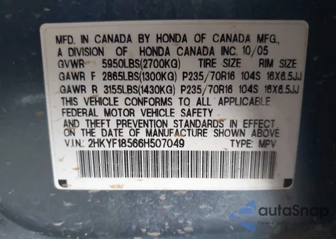 2006 Honda Pilot Ex-L from USA, damaged, VIN 2HKYF18566H507049